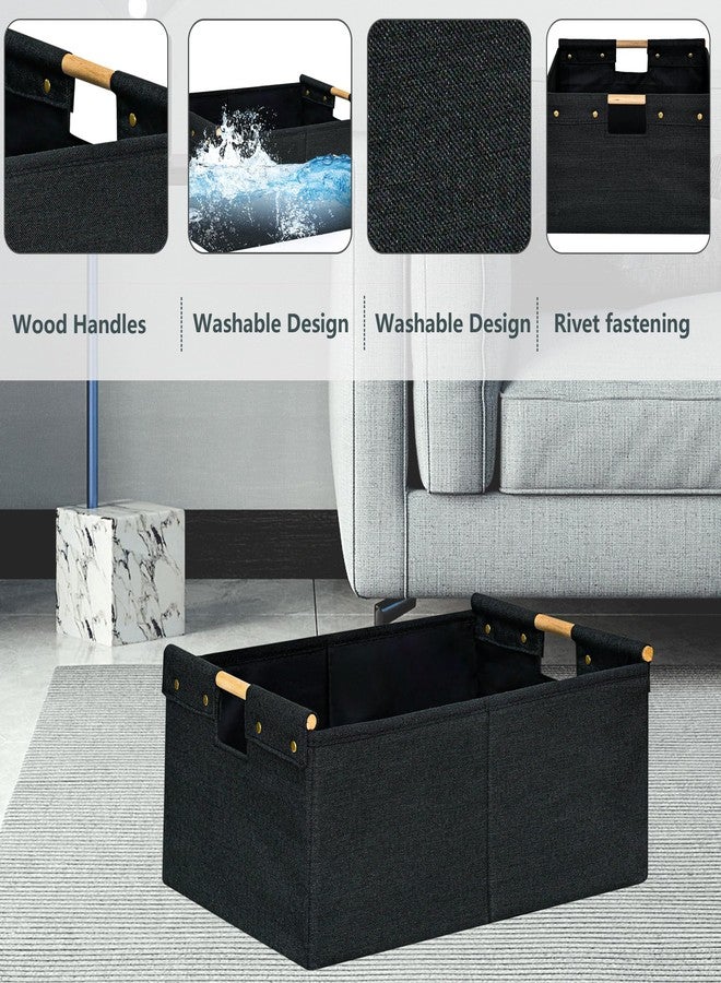 CUUSNNY 2 Pack Rectanglar Storage Basket ,Cotton Linen Fabric Collapsible Storage Bin with Wooden Handles Large Gift Basket for Closet Bookshelves Cabinets Clothes Organizer for Home Office (Black) - Image 2